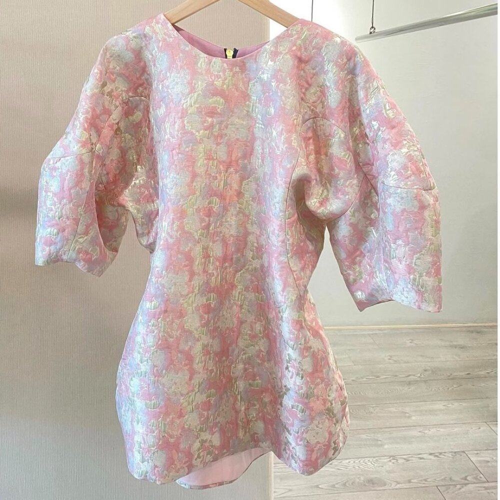 The net-porter N24 pink brocade silk floral embroidery high low top blouse s